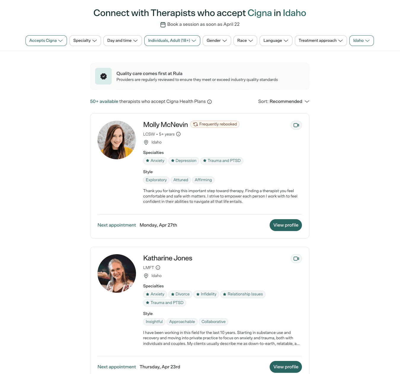 Desktop therapist directory experience