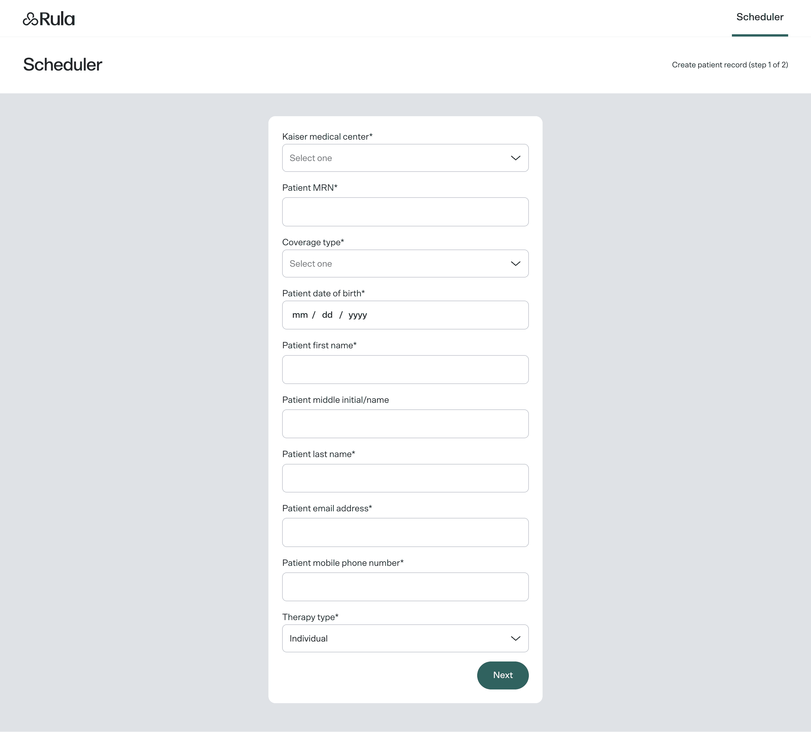 Intake form capturing state and insurance coverage before showing calendar slots
